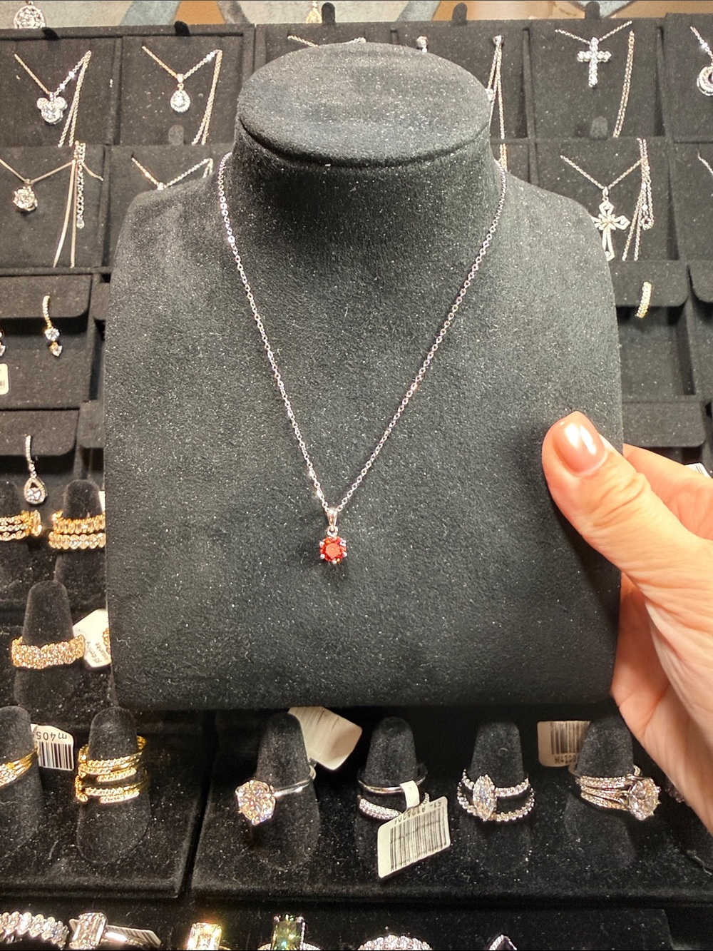 Silver Necklace with Red Gemstone Pendant - Women Jewelry